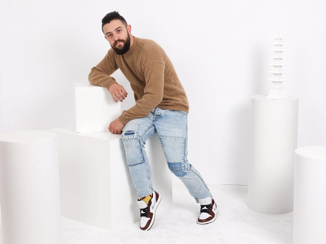 Men’s Beige Angora Sweater – Soft Fluffy Exclusive Knit Jumper T1609