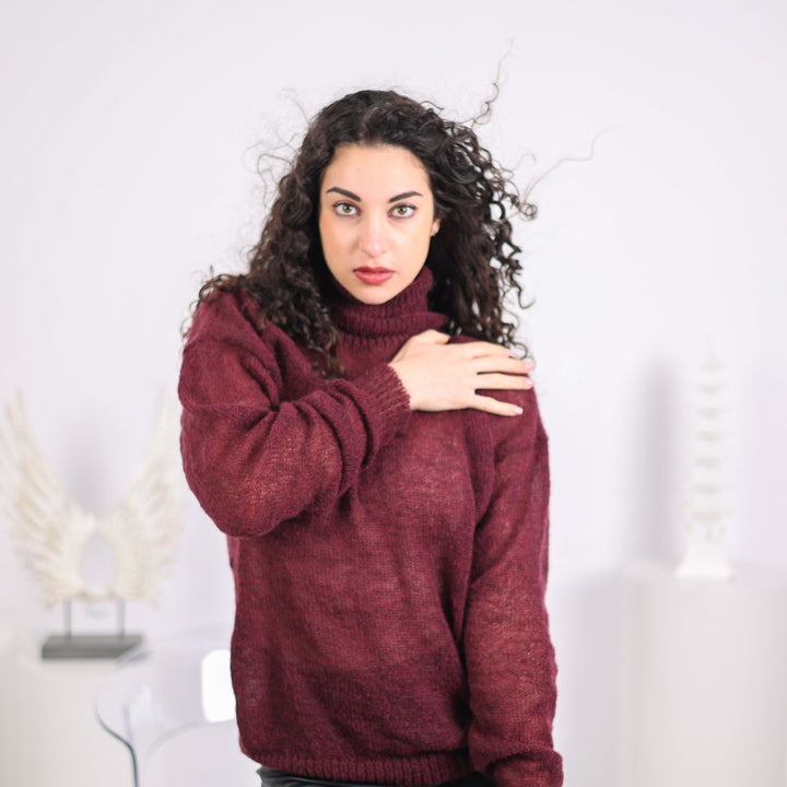 Hand Knitted Alpaca Blend Sweater, Lightweight Bordeaux Pullover T1636