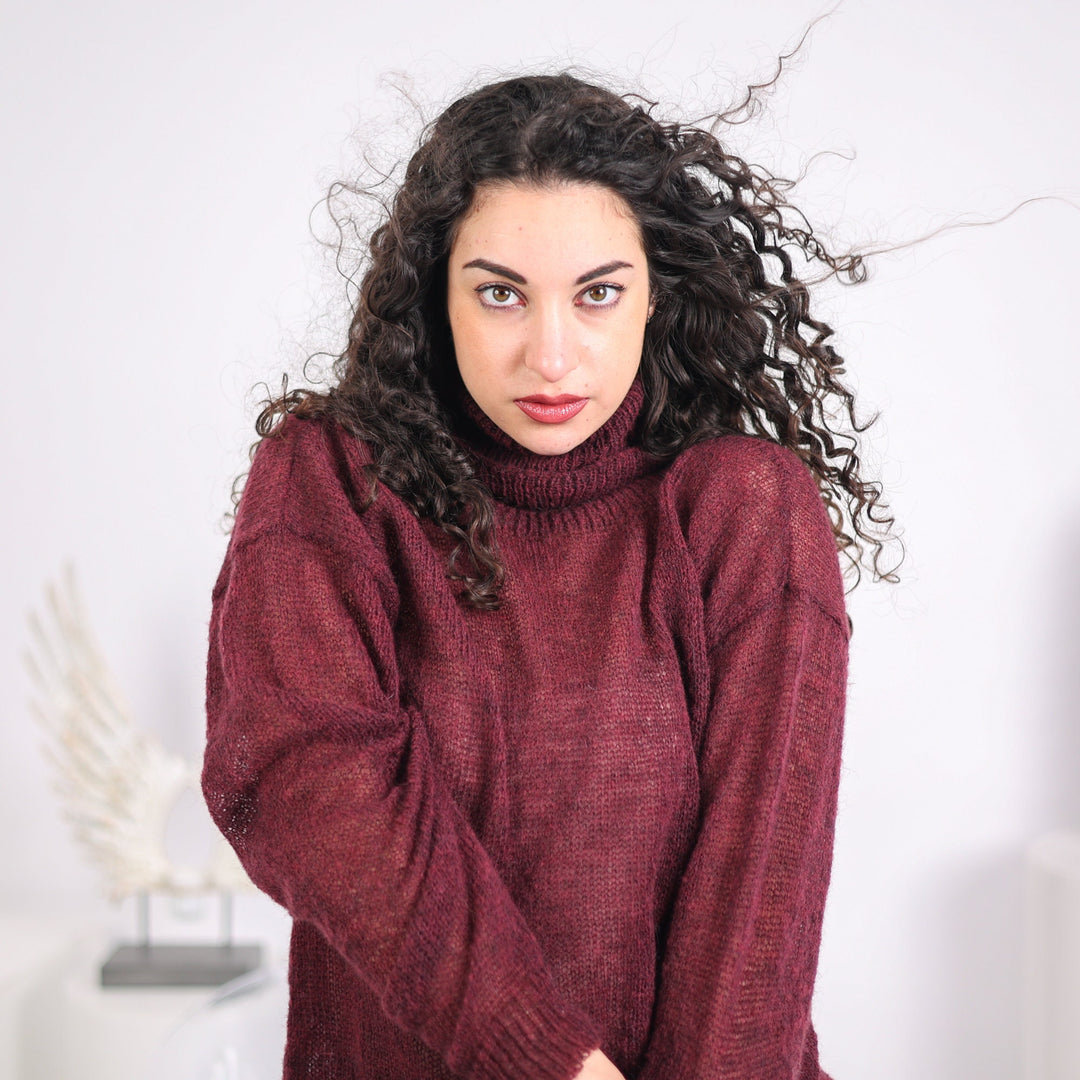 Hand Knitted Alpaca Blend Sweater, Lightweight Bordeaux Pullover T1636