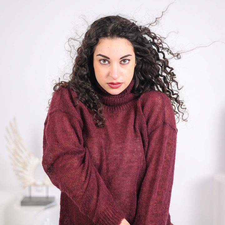 Hand Knitted Alpaca Blend Sweater, Lightweight Bordeaux Pullover T1636