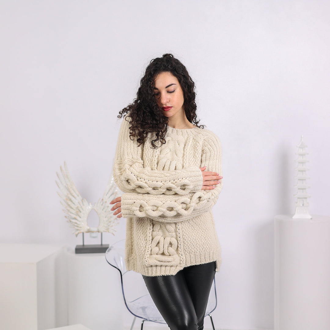 One available in size 2XL, 100 % Alpaca Cable knit sweater , Hand crafted sweater T1642