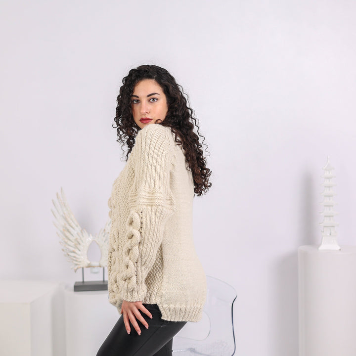 One available in size 2XL, 100 % Alpaca Cable knit sweater , Hand crafted sweater T1642
