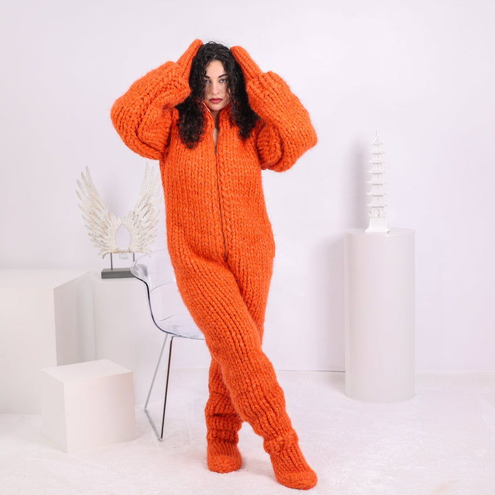 Alpaca Catsuit – 60-Strand Extra Fine Hand-Knitted Jumpsuit with Matching Mittens – Soft Luxury Knit – T1648