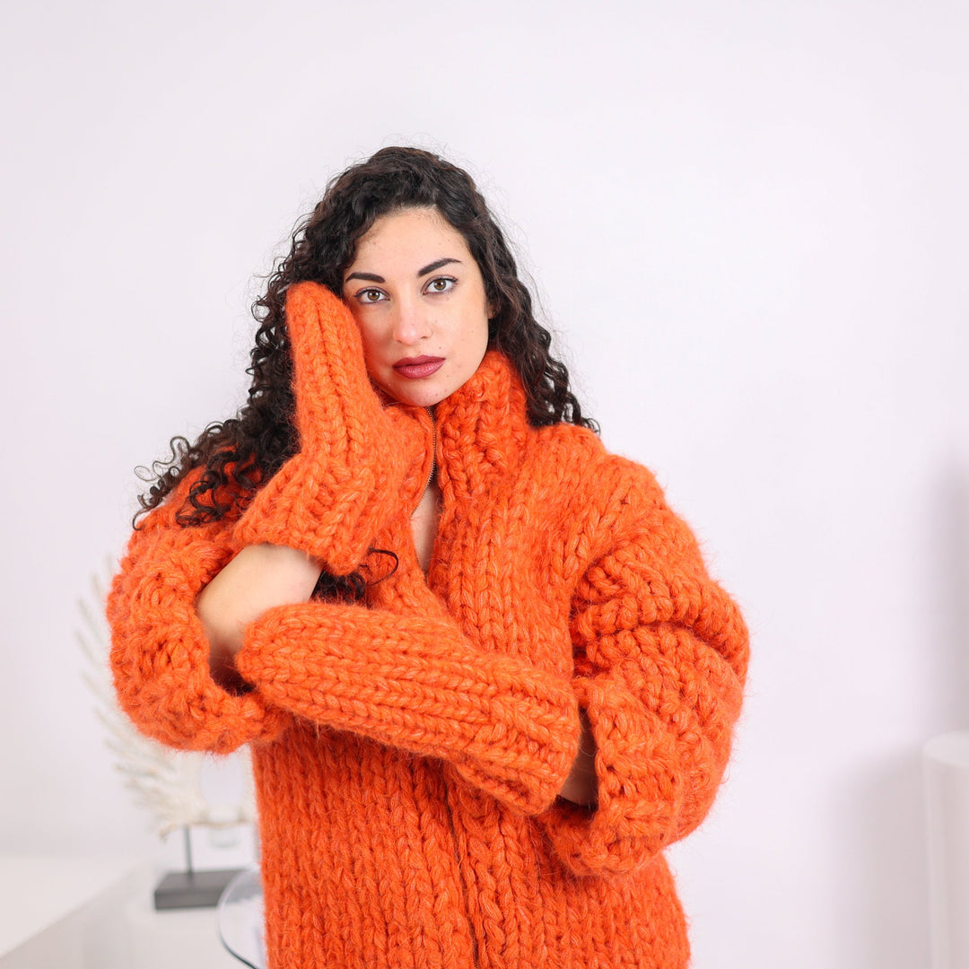 Orange Alpaca Mittens – Hand Knitted 60-Strand Extra Chunky Fluffy Gloves T1649