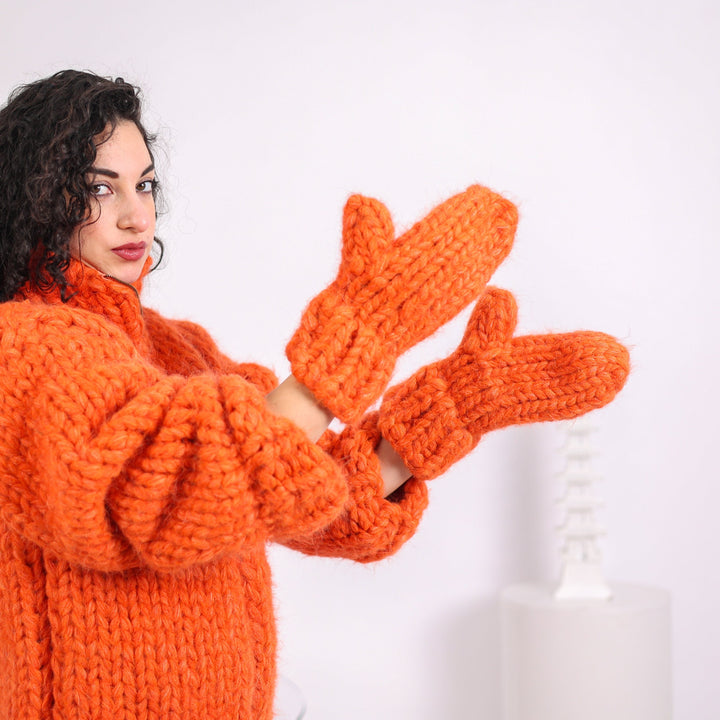 Orange Alpaca Mittens – Hand Knitted 60-Strand Extra Chunky Fluffy Gloves T1649