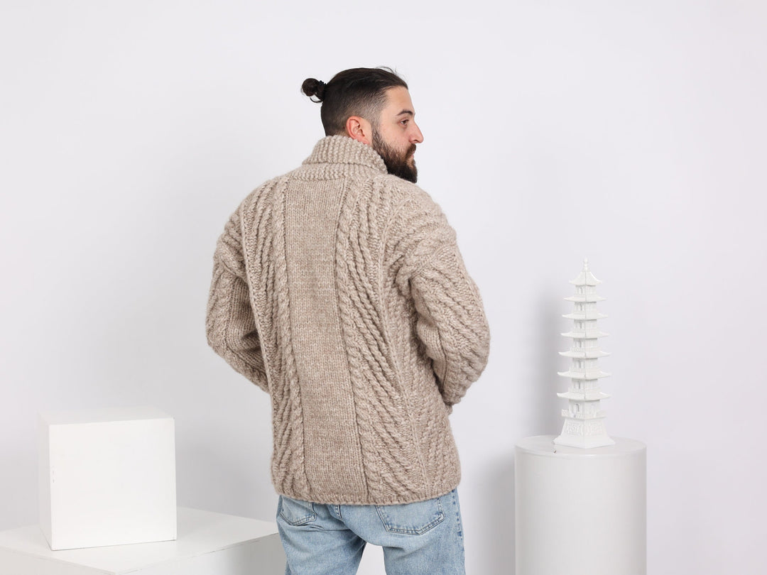 Extra Chunky Hand-Knitted Men’s Cardigan – 16-Strand Alpaca, Merino and Lambswool Blend T1643