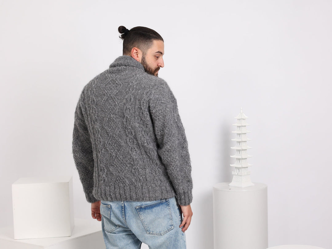 Hand-Knitted Men’s Sweater – Alpaca Superfine Cable Knit Shawl Neck Jumper T1640