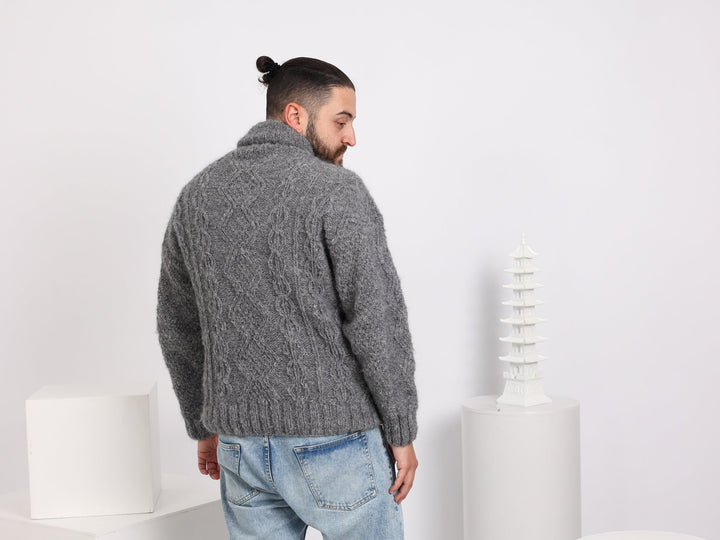 Hand-Knitted Men’s Sweater – Alpaca Superfine Cable Knit Shawl Neck Jumper T1640