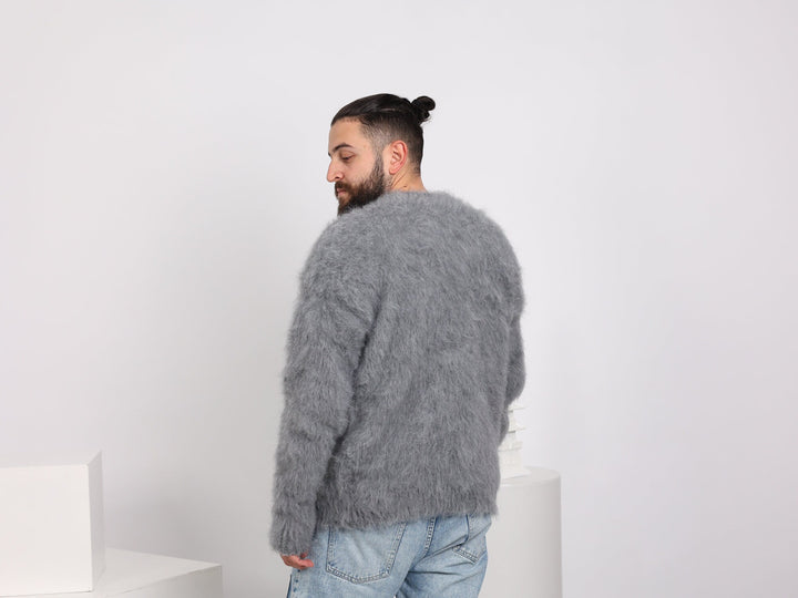Hand-Knitted Gray Alpaca Blend Sweater – Crew Neck Jumper T1664