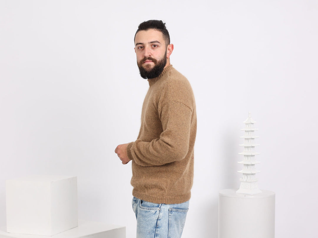 Men’s Beige Angora Sweater – Soft Fluffy Exclusive Knit Jumper T1609
