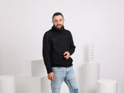 Men’s Black Alpaca Wool Sweater – Hand-Knitted Winter Pullover T1581M