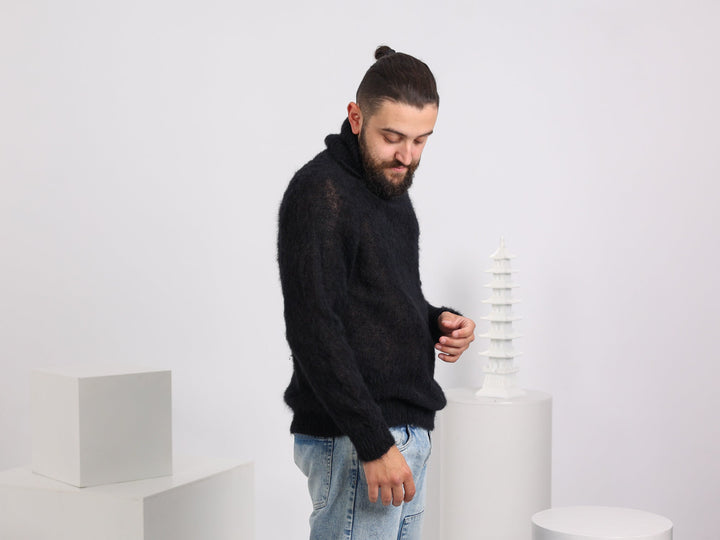 Men’s Black Alpaca Wool Sweater – Hand-Knitted Timeless Cozy Winter Pullover T1581