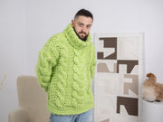 Apfelgrüner Merinowollpullover – Dicker, weicher Zopfstrickpullover für Herren T1670