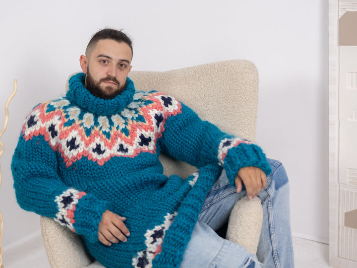 Men’s Icelandic Merino Sweater – Extra Soft Lopi Knit Nordic Turtleneck Pullover T1671