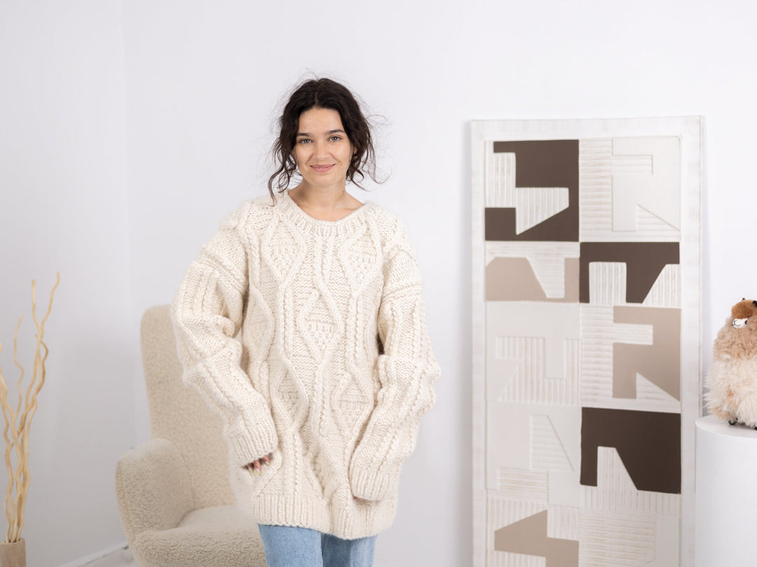 12-Strand Alpaca and Merino Wool Sweater, Hand Knitted Cream Chunky Cable Jumper T1673