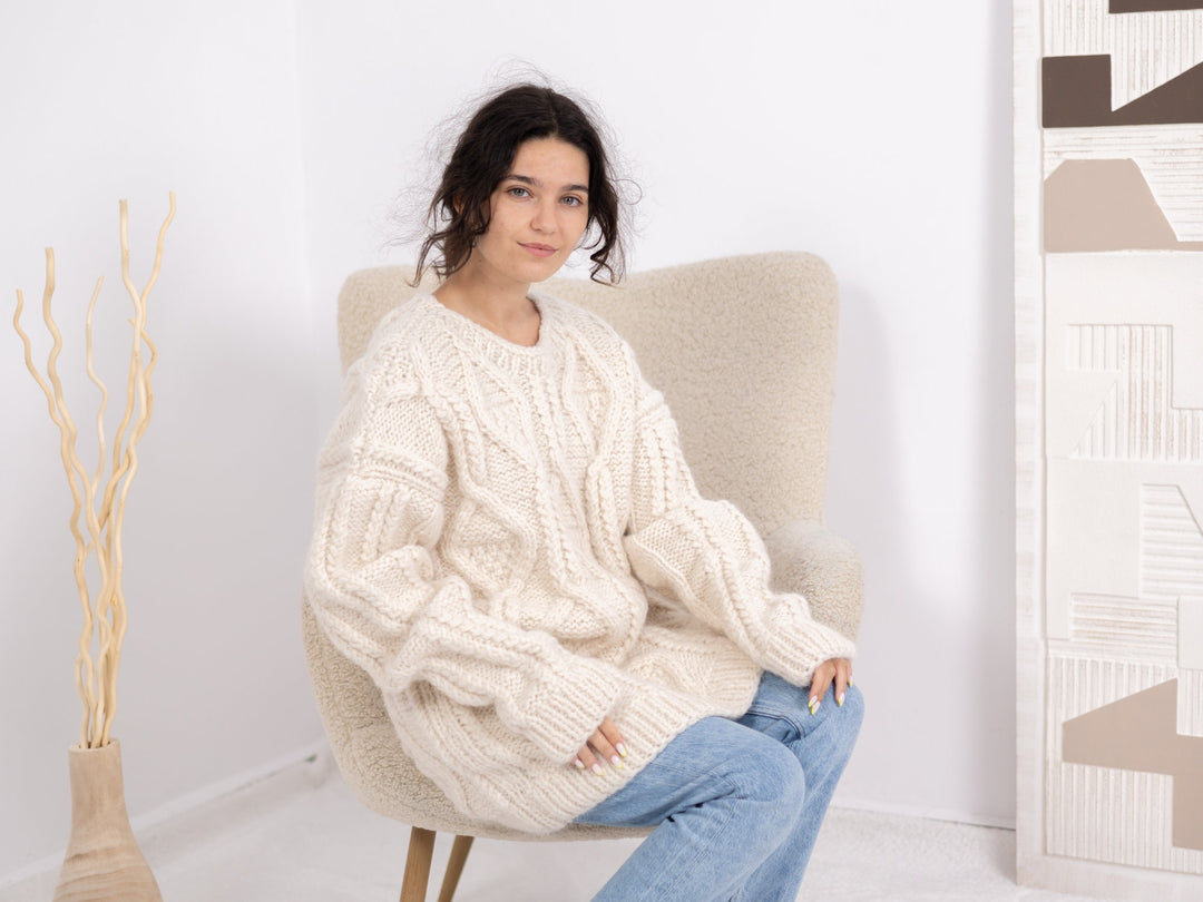 12-Strand Alpaca and Merino Wool Sweater, Hand Knitted Cream Chunky Cable Jumper T1673