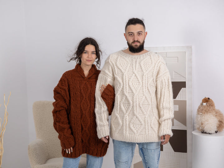 12-Strand Alpaca and Merino Yarn Men’s Sweater – Hand-Knitted Cream Cable Knit Jumper T1673