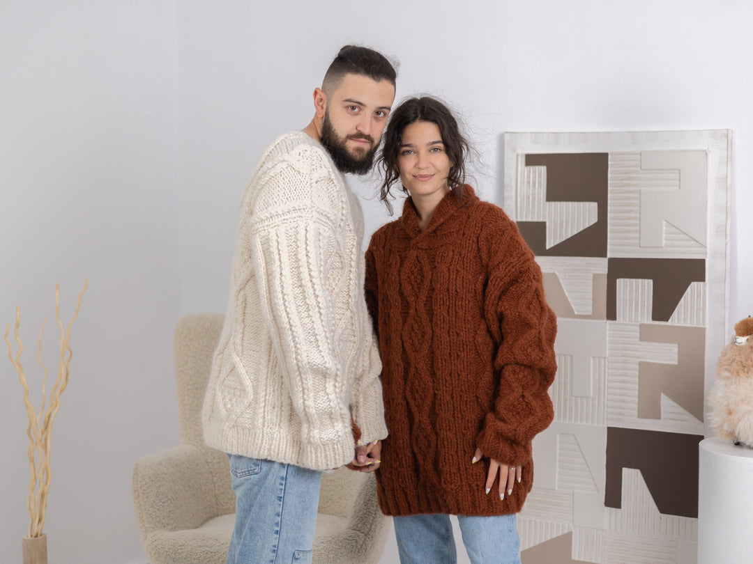 Alpaca and Merino Wool Sweater, Hand Knitted Chunky Cable Knit Soft Warm Jumper T1674