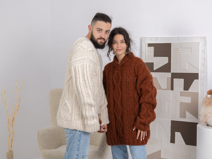 Alpaca and Merino Wool Sweater, Hand Knitted Chunky Cable Knit Soft Warm Jumper T1674
