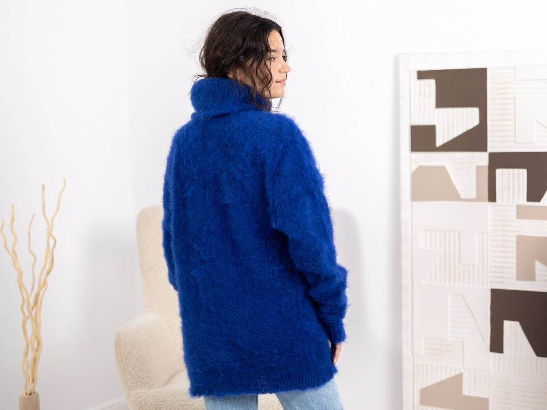 Blue Alpaca Sweater, Hand Knitted Soft Wool Pullover, Warm Cozy Lightweight Winter Jumper T1676