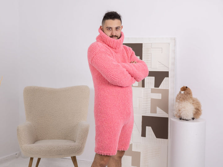 Extra Soft Alpaca Romper – Hand-Knitted Neon Pink Men’s Catsuit T1686