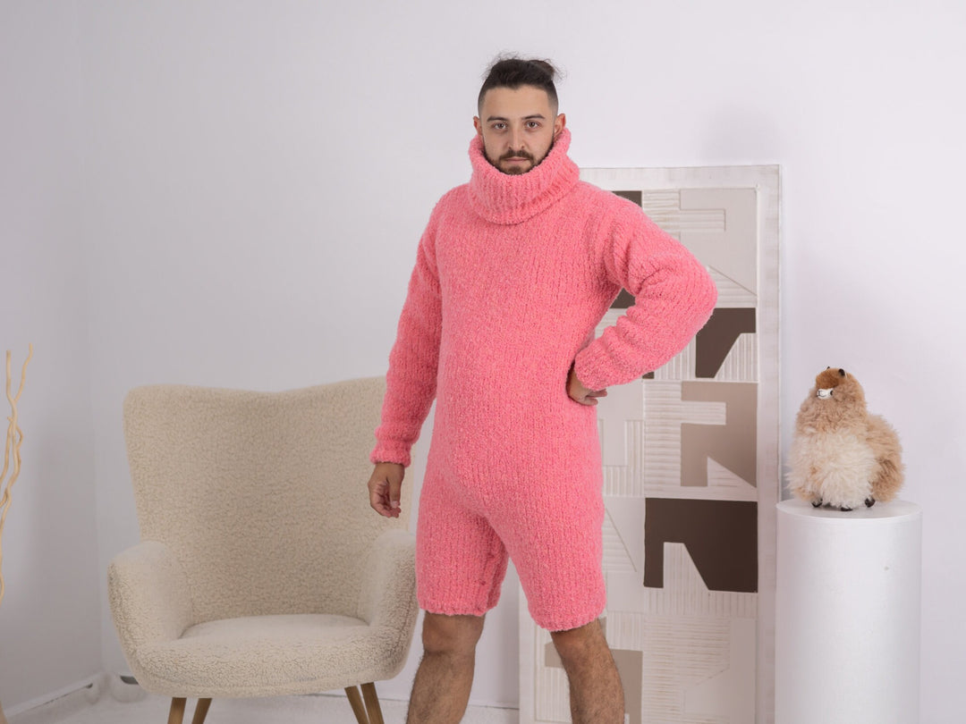 Extra Soft Alpaca Romper – Hand-Knitted Neon Pink Men’s Catsuit T1686