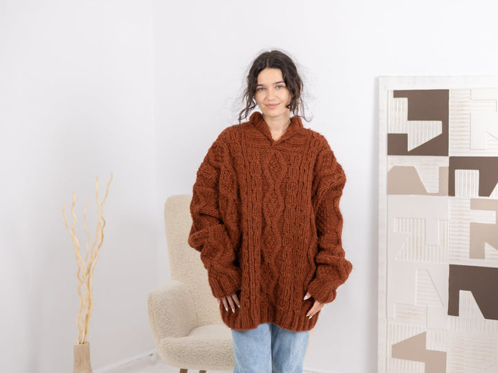 Alpaca and Merino Wool Sweater, Hand Knitted Chunky Cable Knit Soft Warm Jumper T1674