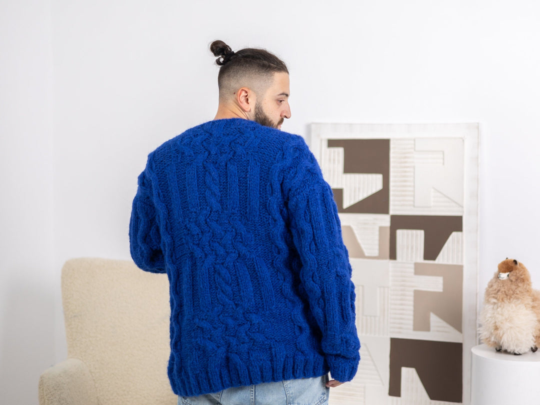 Men’s Cable Knit Sweater – Hand-Knitted Alpaca and Merino Yarn Jumper T1675