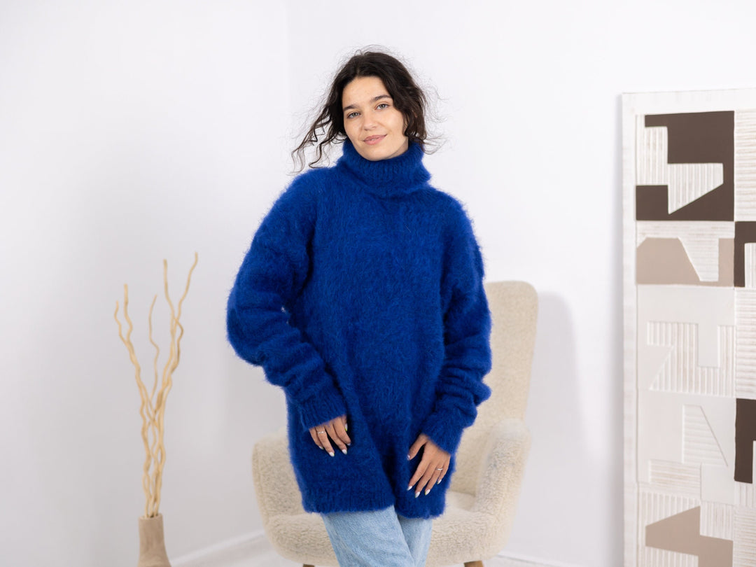 Blue Alpaca Sweater, Hand Knitted Soft Wool Pullover, Warm Cozy Lightweight Winter Jumper T1676