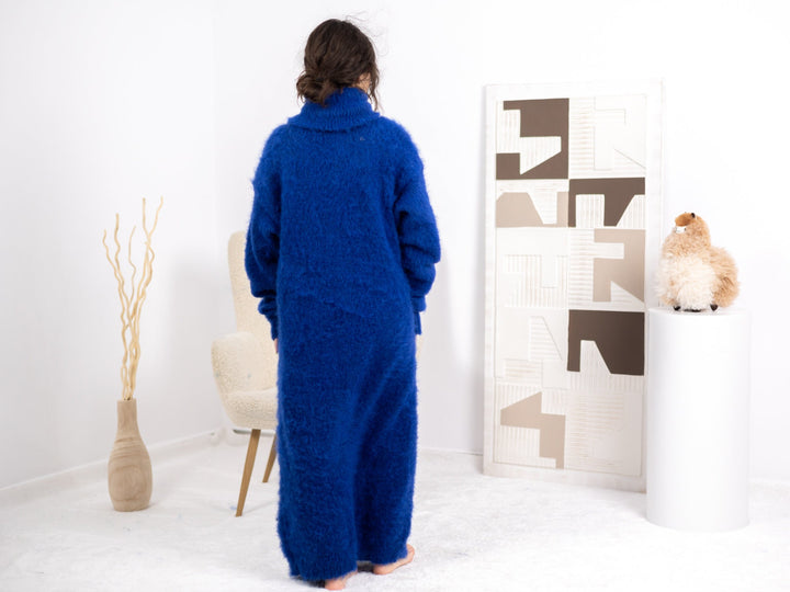Blue Alpaca Sweater Dress, Hand Knitted Fluffy Turtleneck Loose Maxi Dress T1677