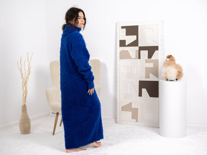 Blue Alpaca Sweater Dress, Hand Knitted Fluffy Turtleneck Loose Maxi Dress T1677