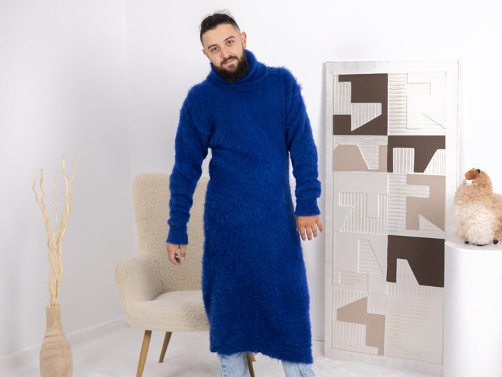 Hand-Knitted Blue Alpaca Dress – Loose Fluffy Fetish Turtleneck Winter Robe T1677