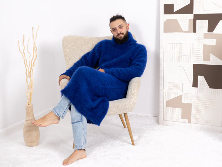 Hand-Knitted Blue Alpaca Dress – Loose Fluffy Fetish Turtleneck Winter Robe T1677
