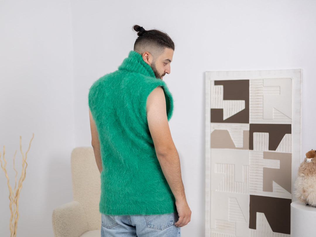 Green Mohair Sweater Vest – Hand-Knitted Sleeveless Men’s Pullover T1679
