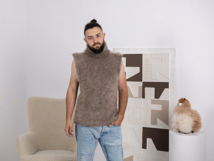Beige Fluffy Kid Mohair Vest – Hand-Knitted Fuzzy Men’s Sweater T1680