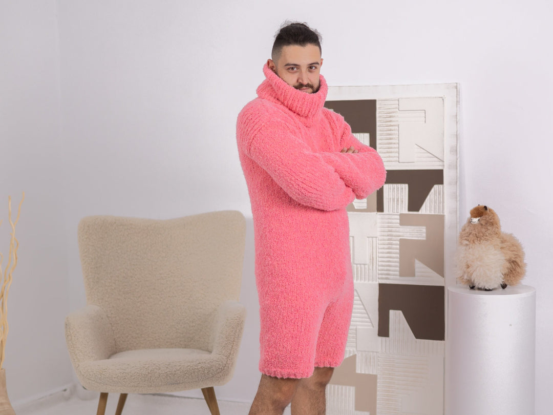 Extra Soft Alpaca Romper – Hand-Knitted Neon Pink Men’s Catsuit T1686