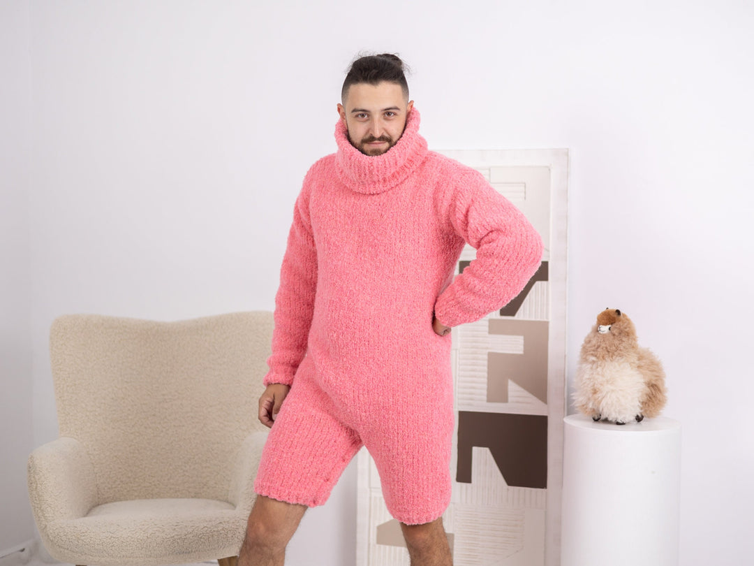 Extra Soft Alpaca Romper – Hand-Knitted Neon Pink Men’s Catsuit T1686