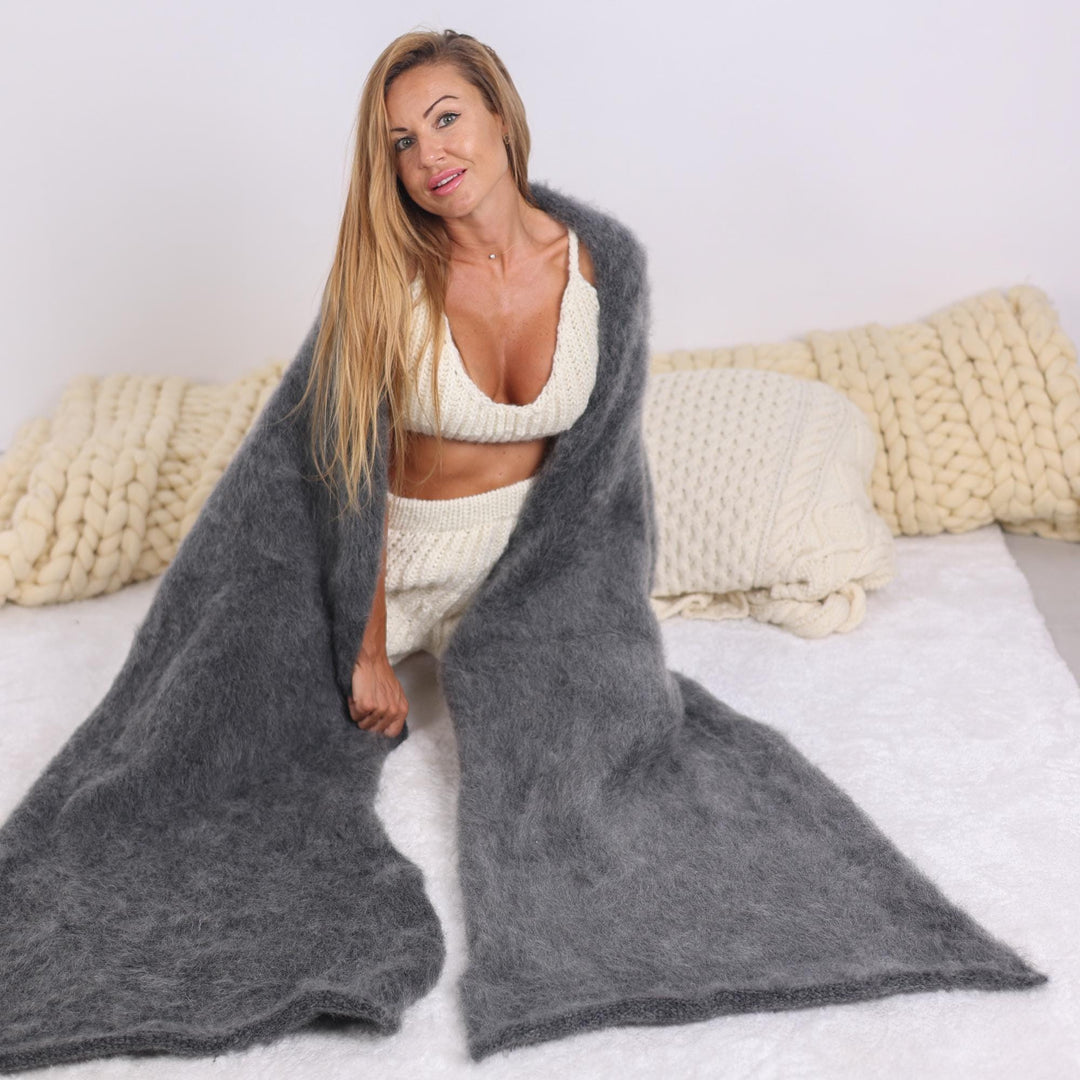 Huge Fluffy Mohair Scarf – Hand Knitted Soft Mohair Throw Blanket T1696