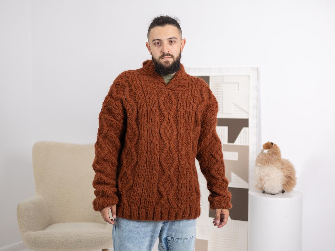 Alpaca and Merino Wool Sweater – Hand-Knitted Cable Knit Men’s Pullover T1674