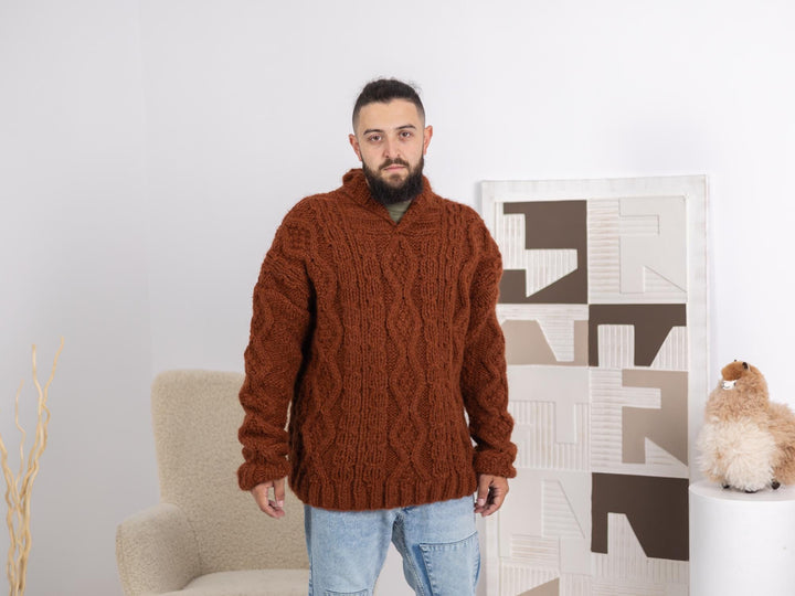 Alpaca and Merino Wool Sweater – Hand-Knitted Cable Knit Men’s Pullover T1674