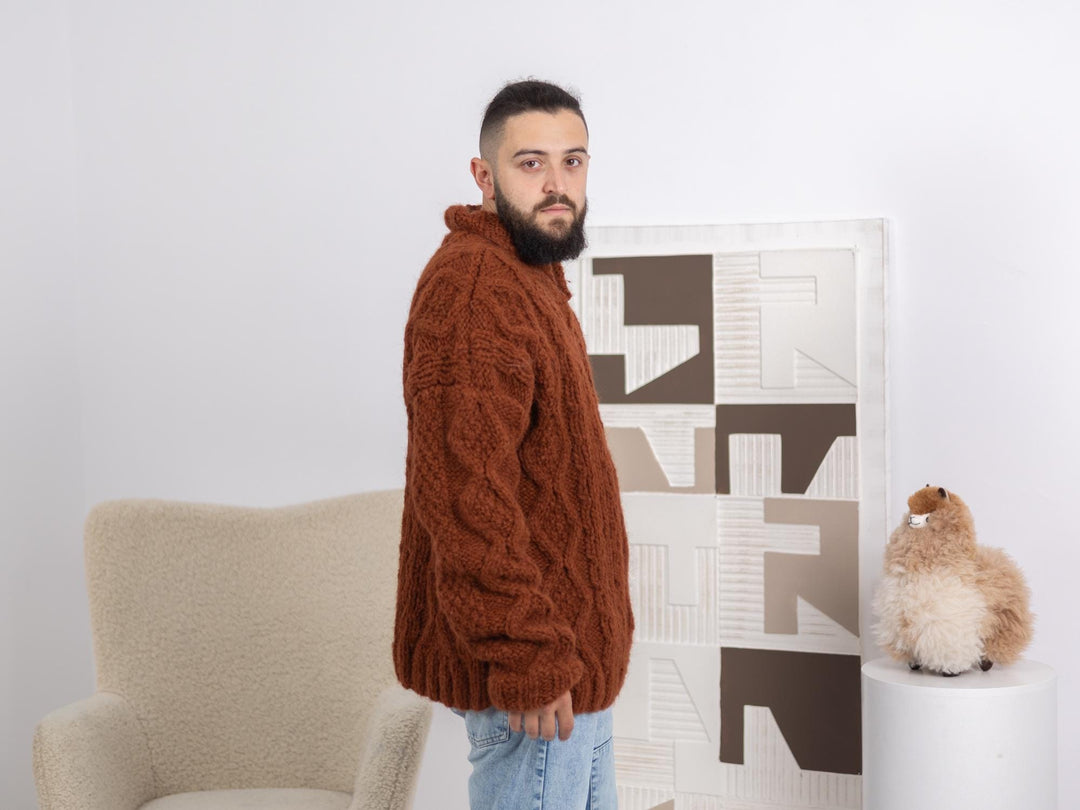 Alpaca and Merino Wool Sweater – Hand-Knitted Cable Knit Men’s Pullover T1674