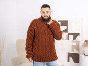Pullover aus Alpaka- und Merinowolle – Handgestrickter Zopfmuster-Herrenpullover T1674