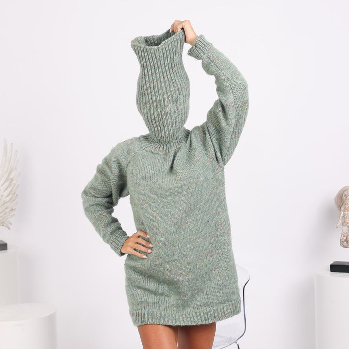 Green Melange Alpaca Sweater with Extra Long Turtleneck, Hand Knitted Soft Warm Pullover T1737
