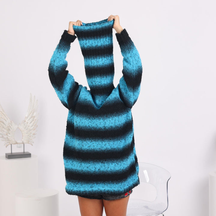 Striped Black and Blue Alpaca Sweater with Extra Long Turtleneck, Hand Knitted  Pullover T1738