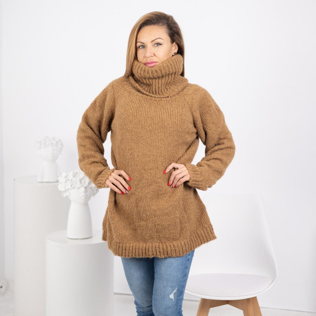 Beige Alpaca Sweater with Extra Long 50cm Turtleneck, Hand-Knitted Pullover in  T1745