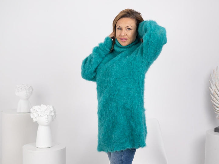 Hairy Turquoise Alpaca Sweater, Hand-Knitted Fluffy Jumper in Soft Natural Fiber Yarn T1747