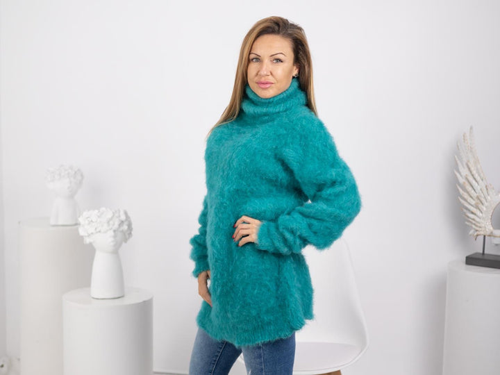 Hairy Turquoise Alpaca Sweater, Hand-Knitted Fluffy Jumper in Soft Natural Fiber Yarn T1747