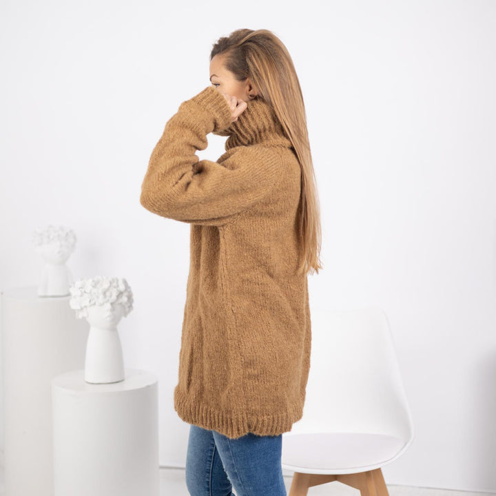 Beige Alpaca Sweater with Extra Long 50cm Turtleneck, Hand-Knitted Pullover in  T1745