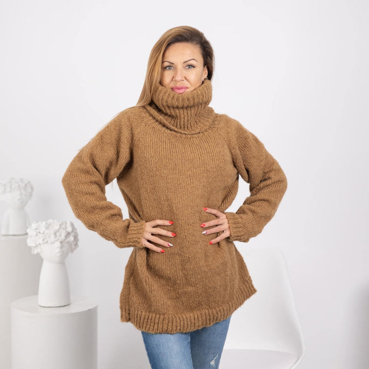 Beige Alpaca Sweater with Extra Long 50cm Turtleneck, Hand-Knitted Pullover in  T1745
