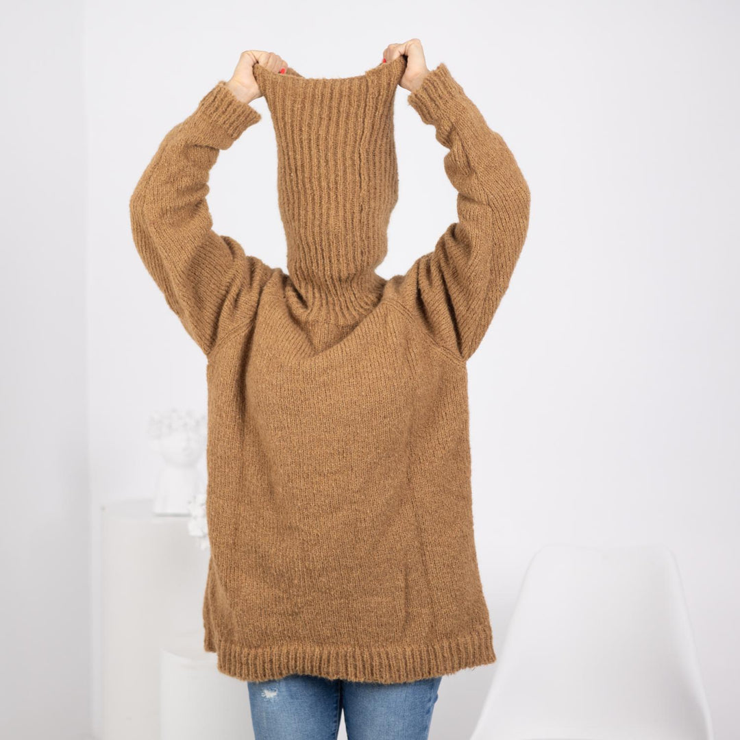 Beige Alpaca Sweater with Extra Long 50cm Turtleneck, Hand-Knitted Pullover in  T1745